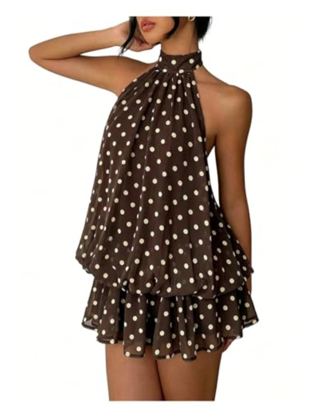 SHENHE Halter Polka Dots Backless Ruffle Hem Mini Party Dress